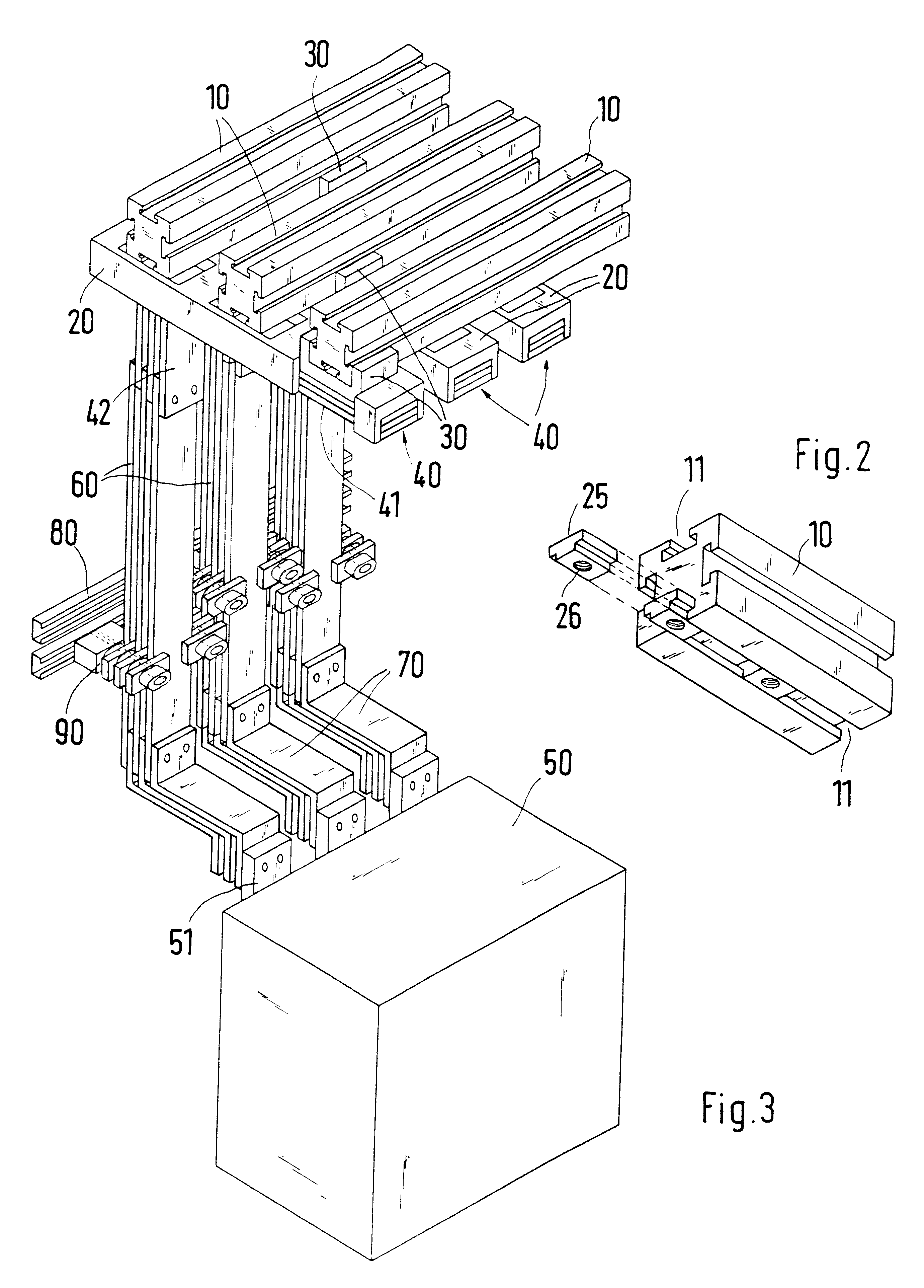Bus bar system with several bus bars and an installation device with flat connectors