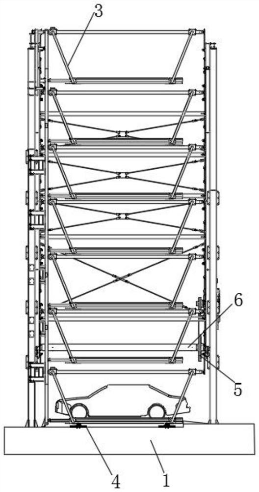 A three-dimensional mechanical parking garage with fast storage and separation transmission