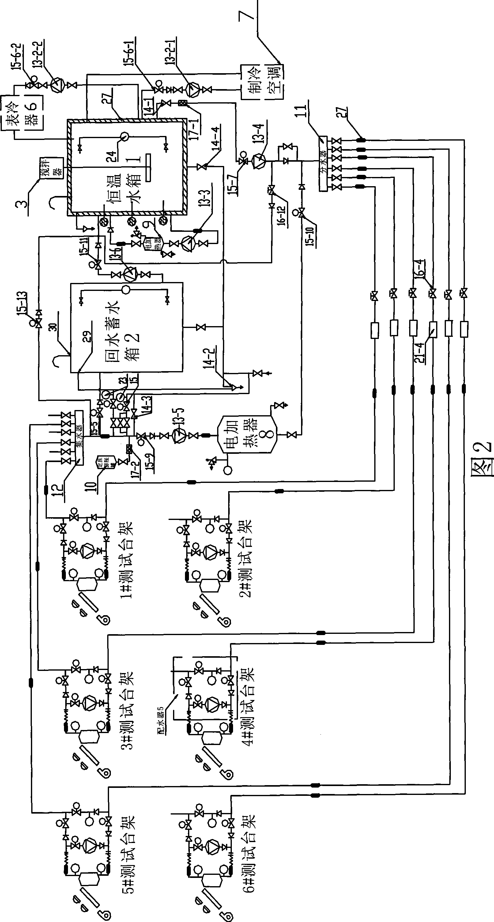 Automatic constant temperature testing system for solar water heater by water-mixing and water-discharging method