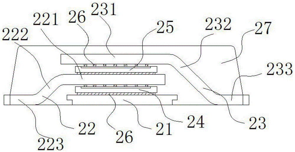 Multi-chip integrated stacked sandwiched packaging structure and technological method therefor