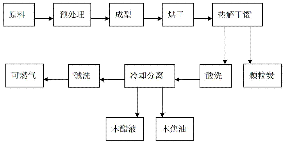 Process for industrially producing carbon, gas, oil and electricity through biomass energy forming and destructive distillation