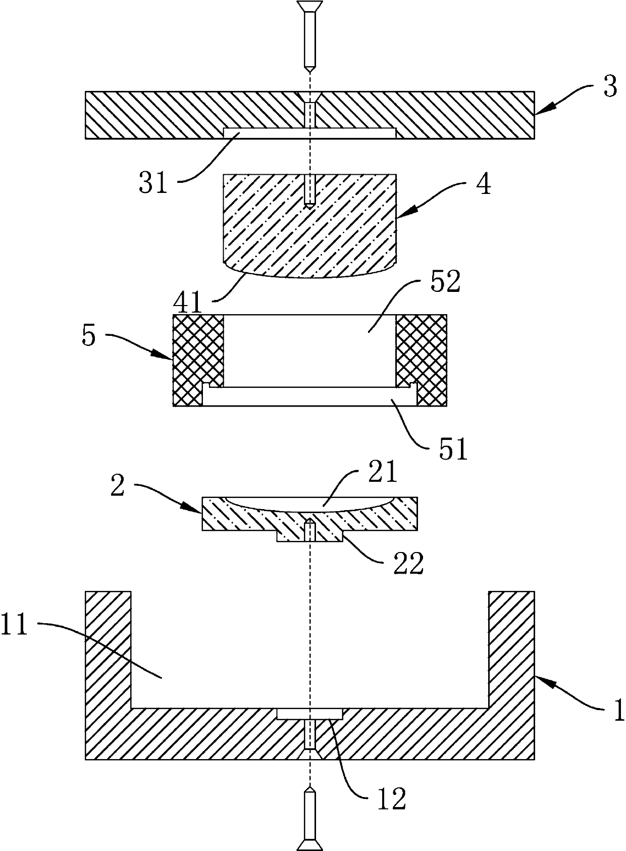 Mold device for producing horn disc body and production method applying mold device