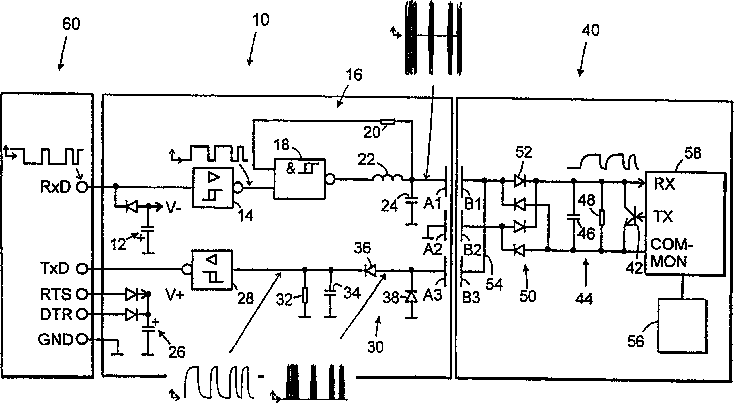 System for wireless, bi-directional transfer of electric signals