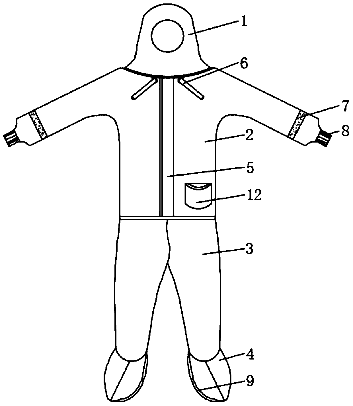 Disposable protective garment with improved adhesive tape and drawstrings