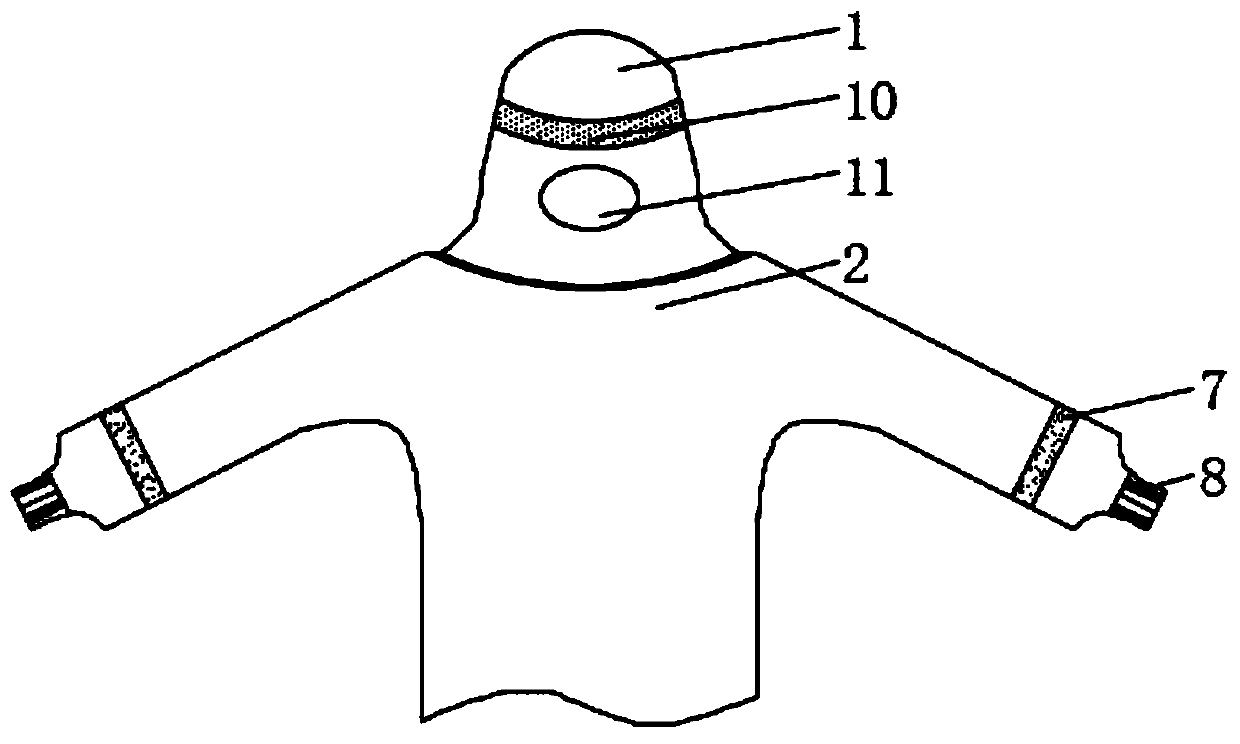 Disposable protective garment with improved adhesive tape and drawstrings