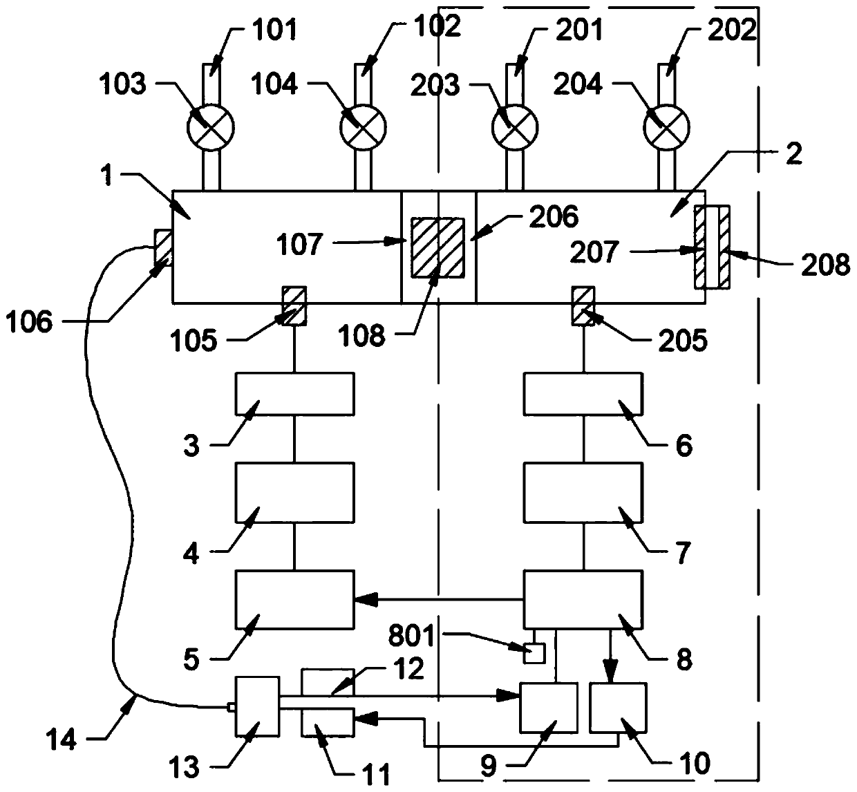 Double pool series photoacoustic spectroscopy gas detecting device and method