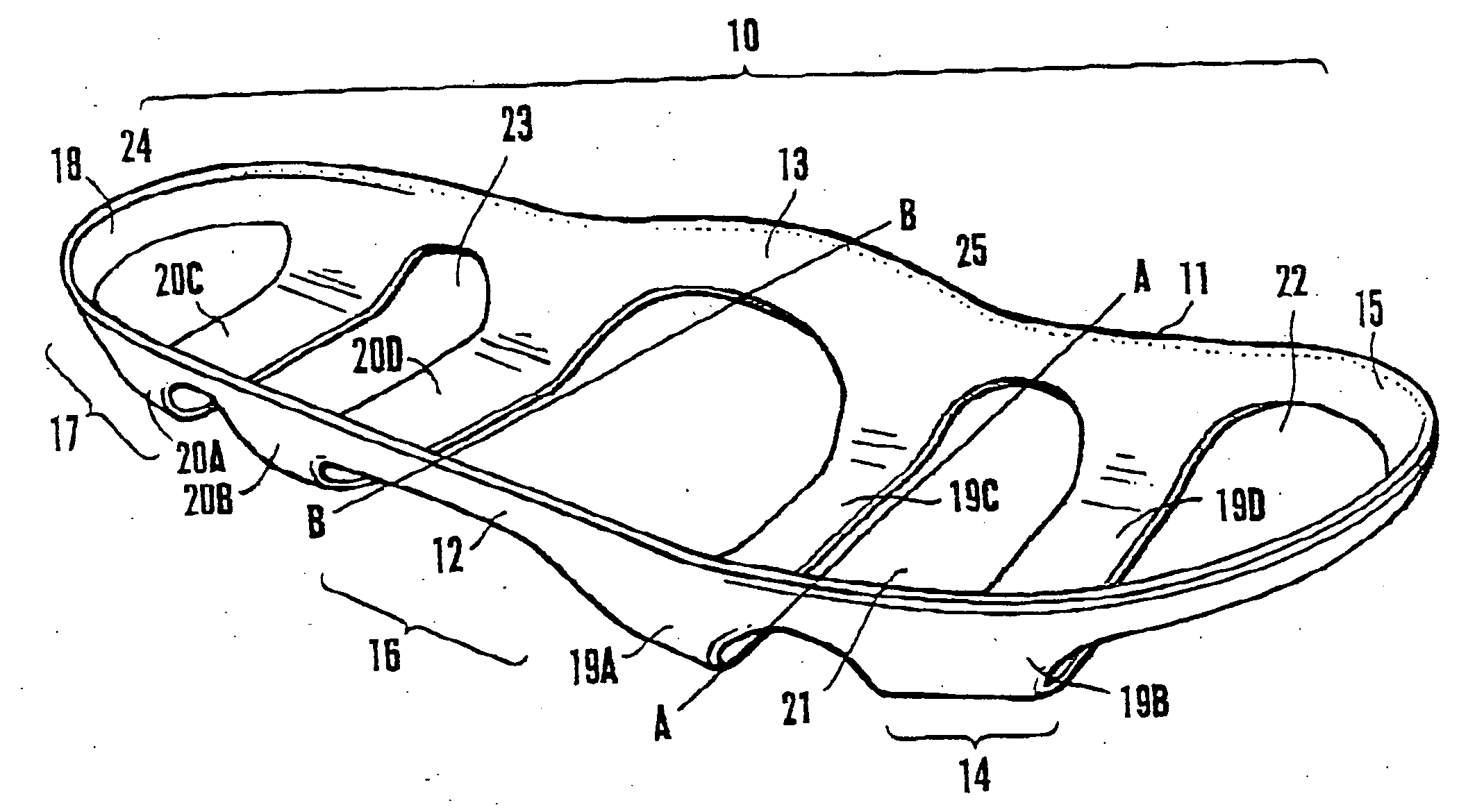 Device for suspending a foot within a shoe and shoes incorporating such devices