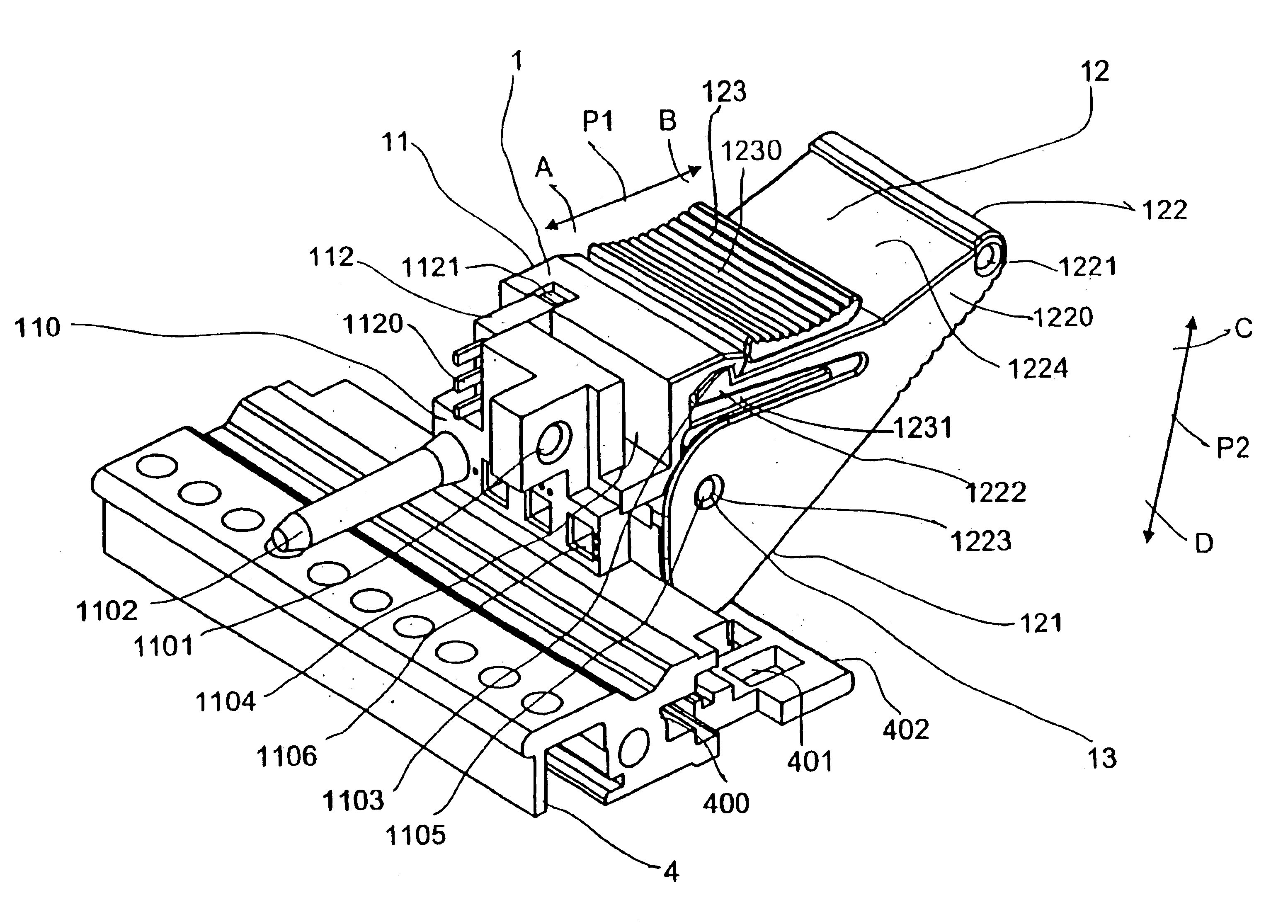 Actuator element for levering in and out printed circuit modules with locking slide, front element for a printed circuit module with actuator element, and subrack that receives printed circuit modules