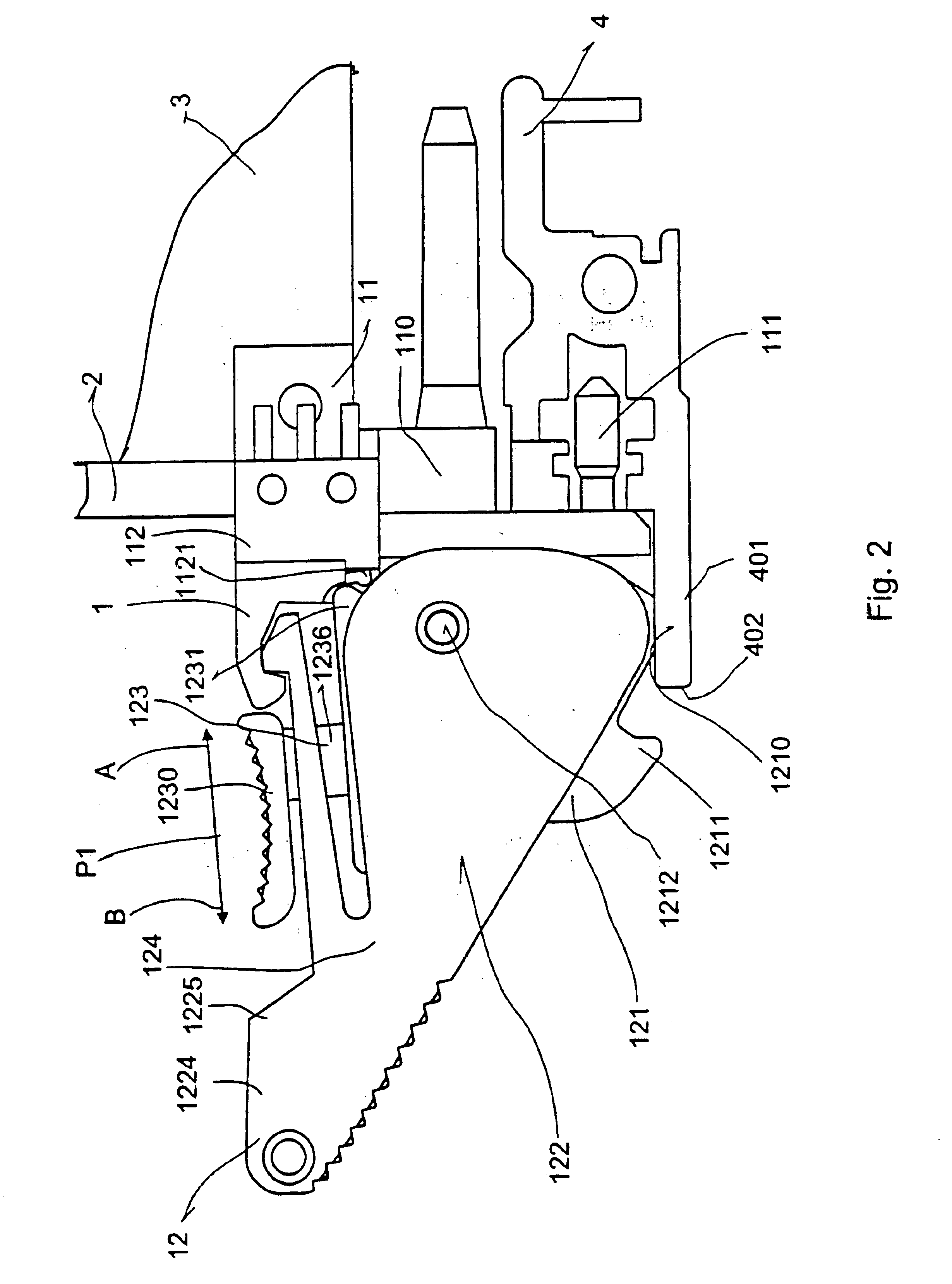 Actuator element for levering in and out printed circuit modules with locking slide, front element for a printed circuit module with actuator element, and subrack that receives printed circuit modules