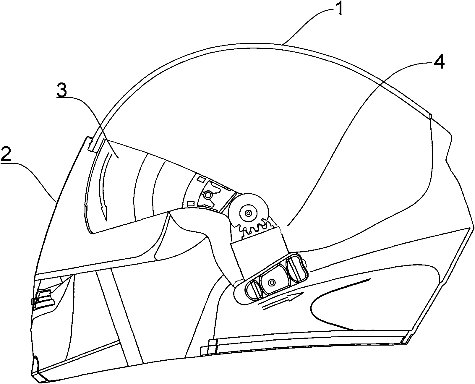 Helmet lens position adjustment device and helmet