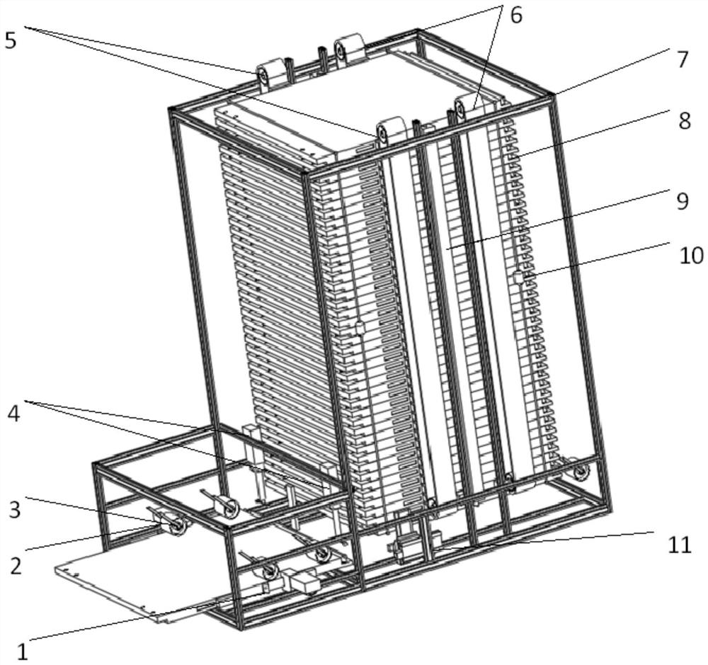 Large-length antenna-oriented containerized storage type on-orbit assembling device and method