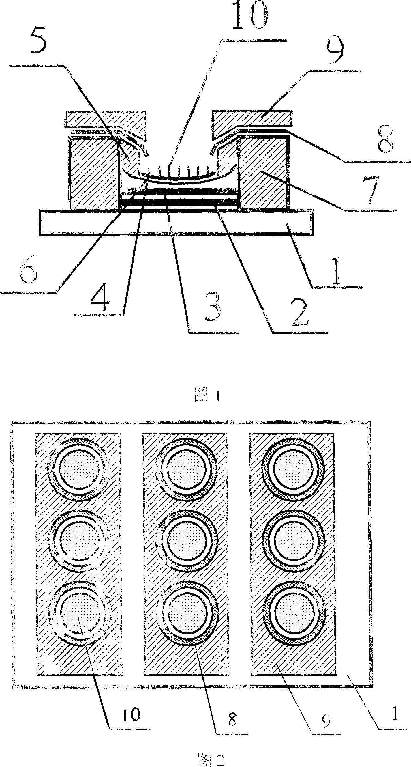 Flat-board display of shallow-pit type cathode curved grid control structure and mfg. process