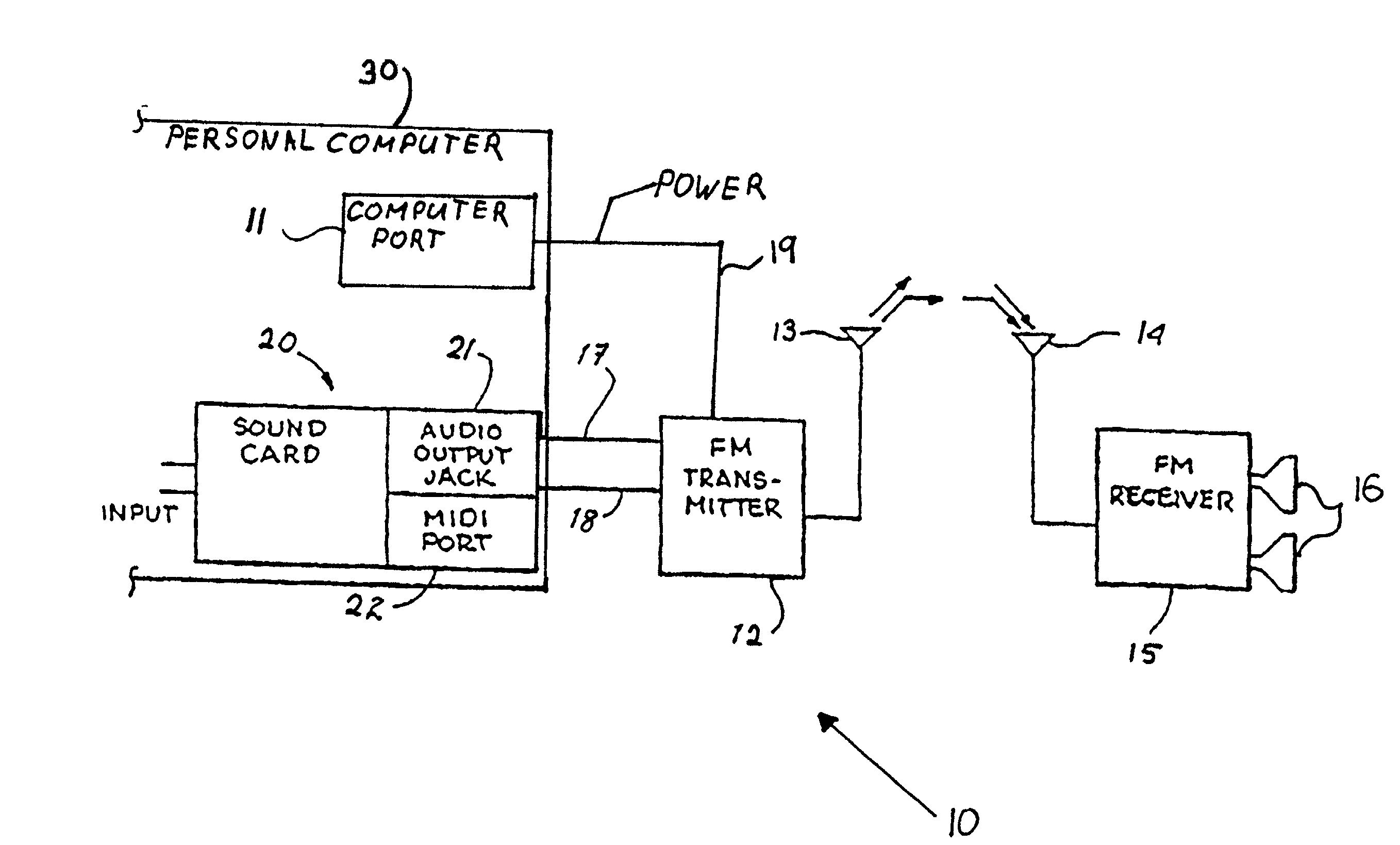 Computer port powered wireless sound transmission and a method therfor