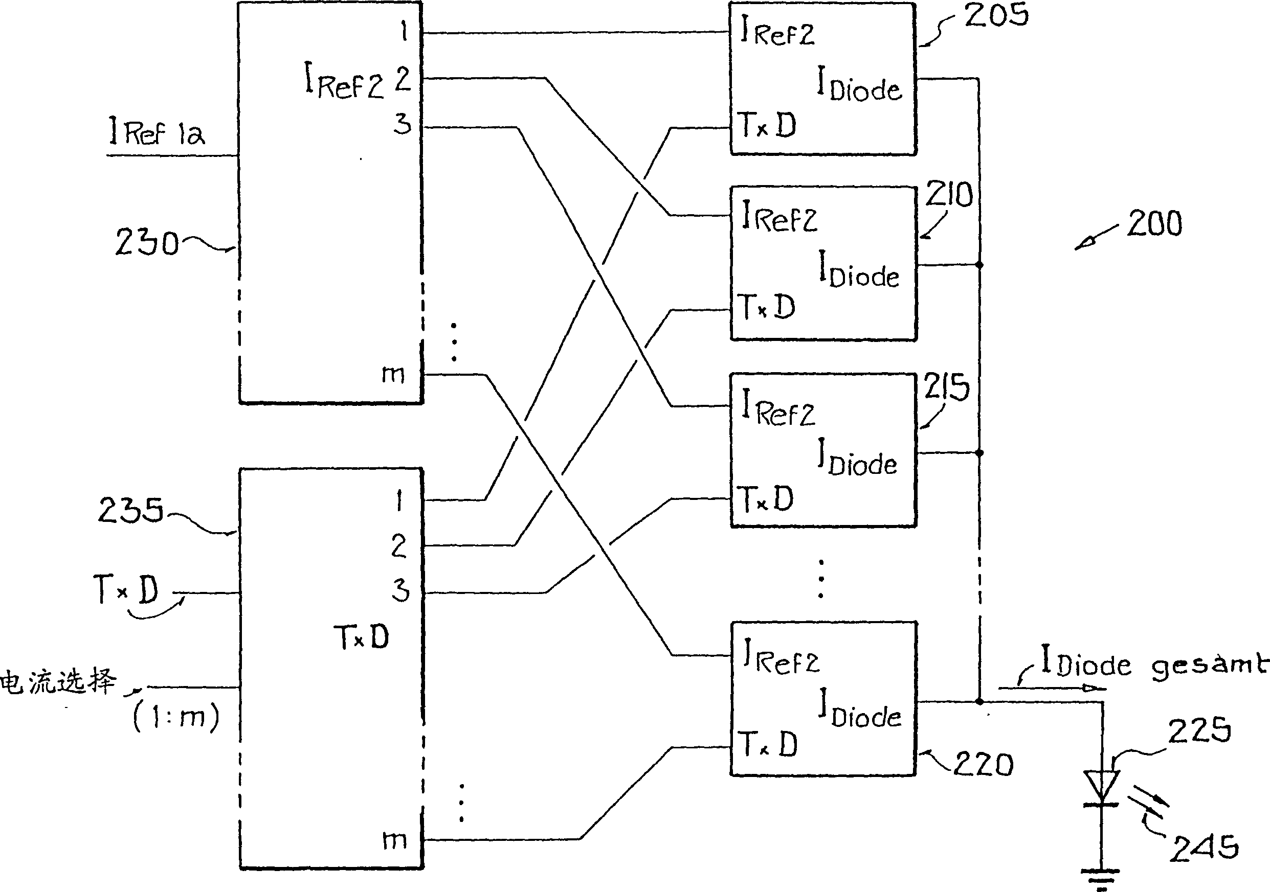 Circuit for adjusting the drive power of emitting diodes