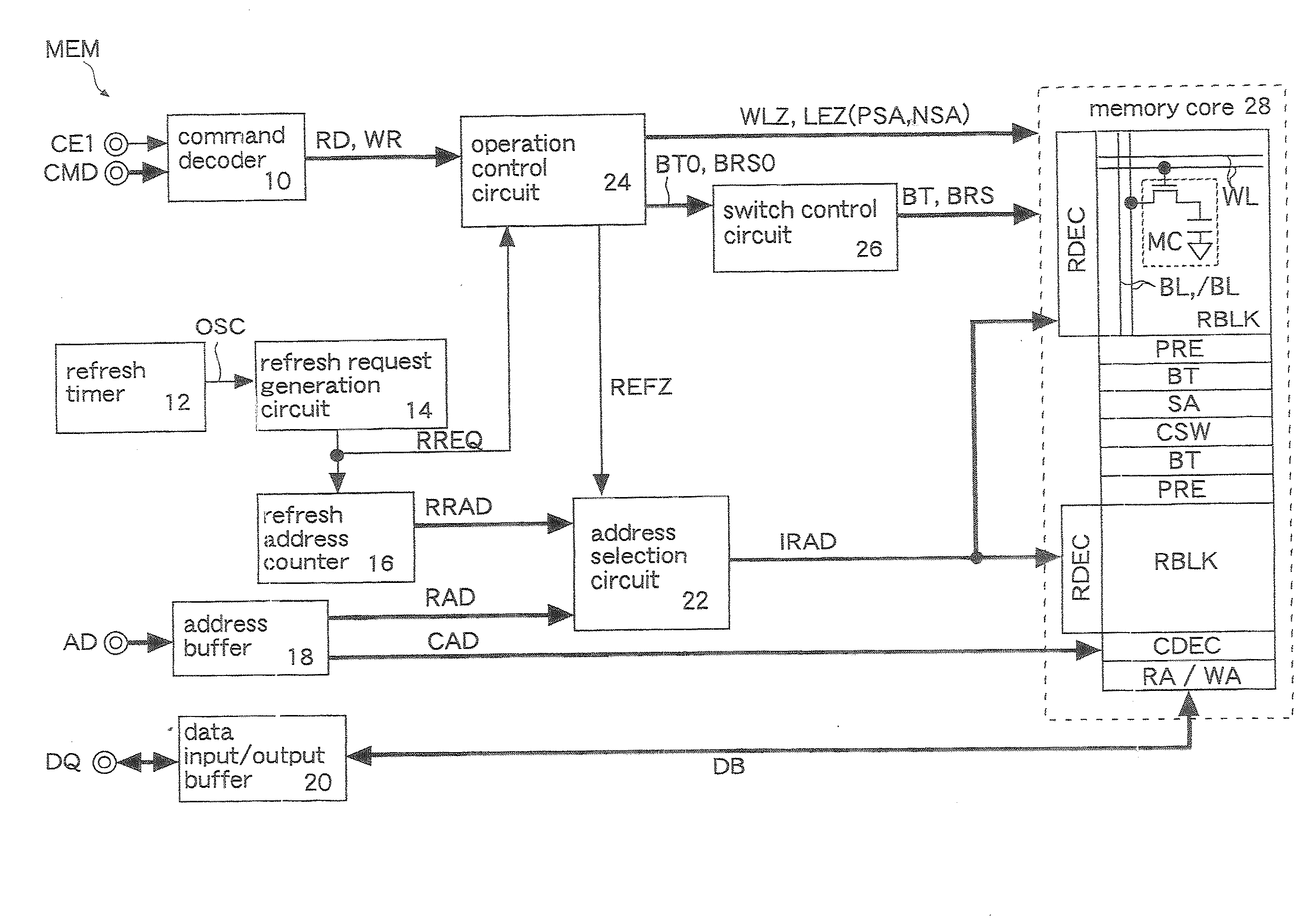 Semiconductor memory for disconnecting a bit line from sense amplifier in a standby period and memory system including the semiconductor memory