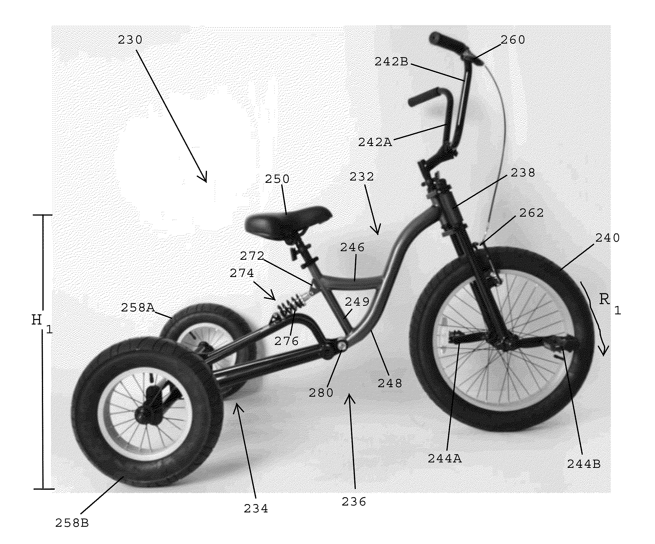 Adult tricycles having pivoting frames, suspension systems and enhanced stability
