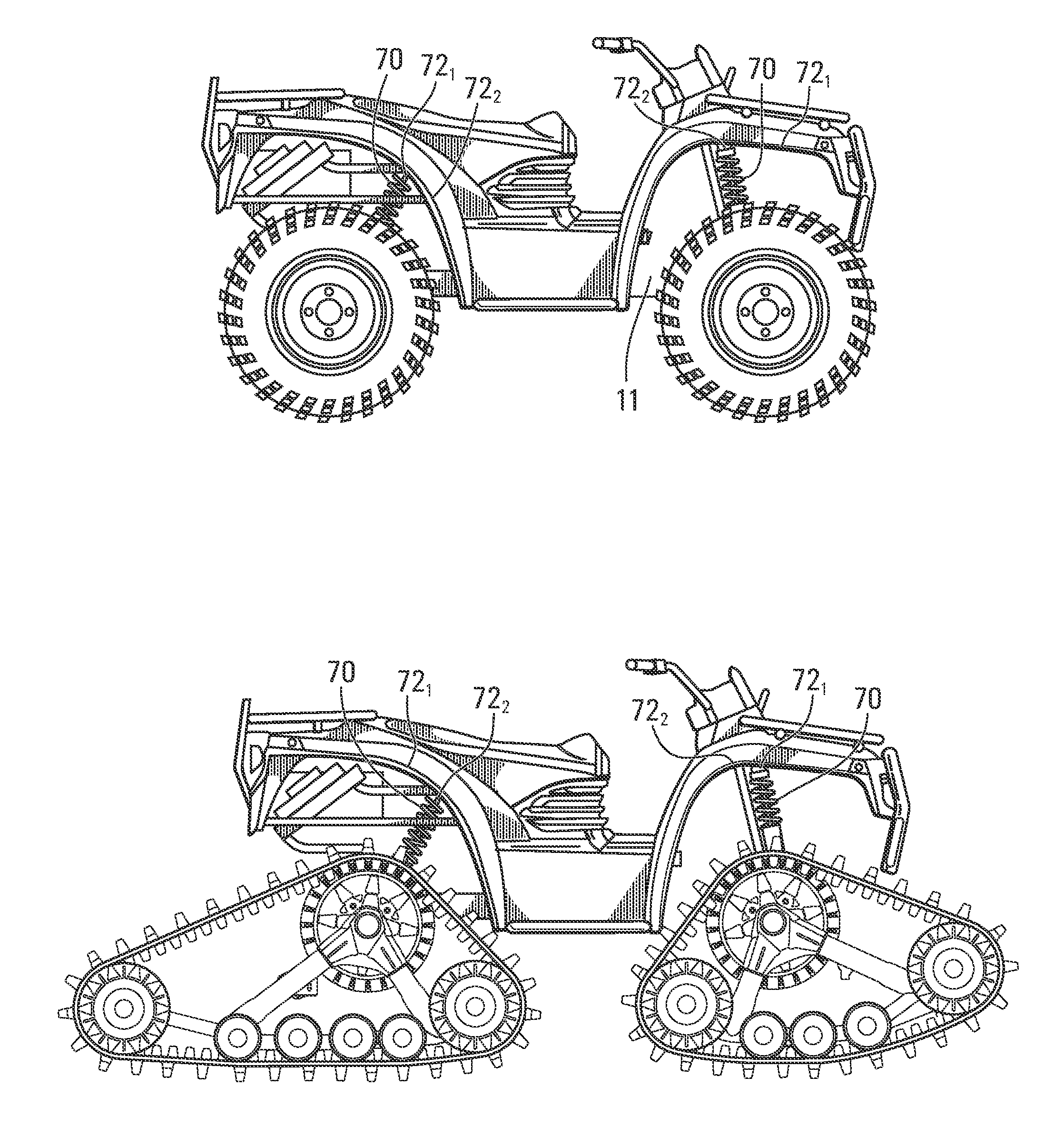 All-terrain vehicle (ATV) propellable on wheels or endless tracks