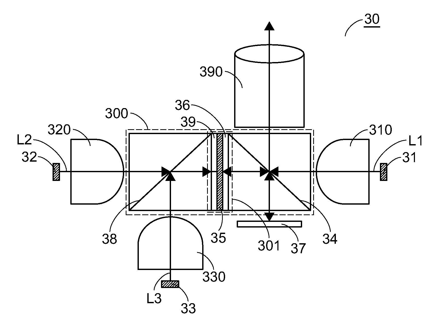 Beam combining device and projector having such beam combining device