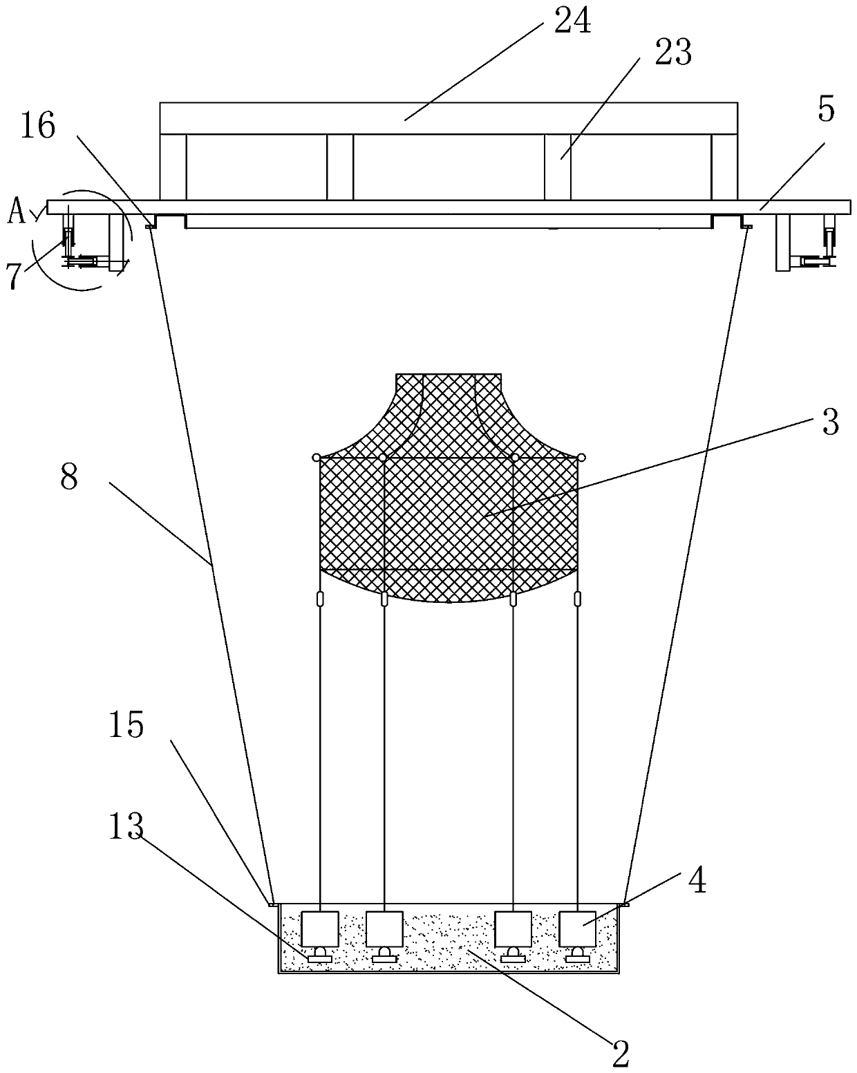 Tension leg net cage model test device