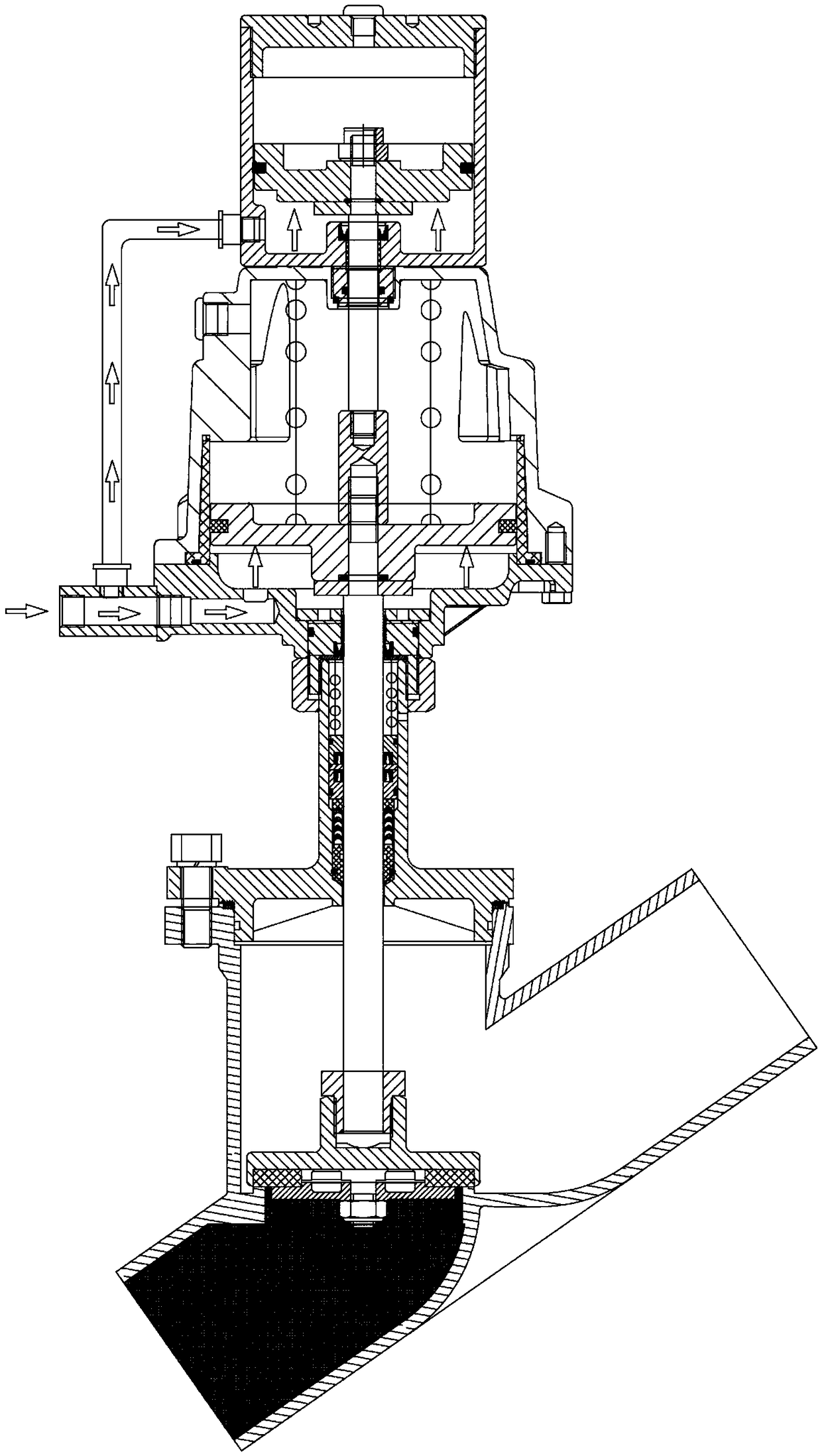 Pneumatic control angle seat valve with small pneumatic control force