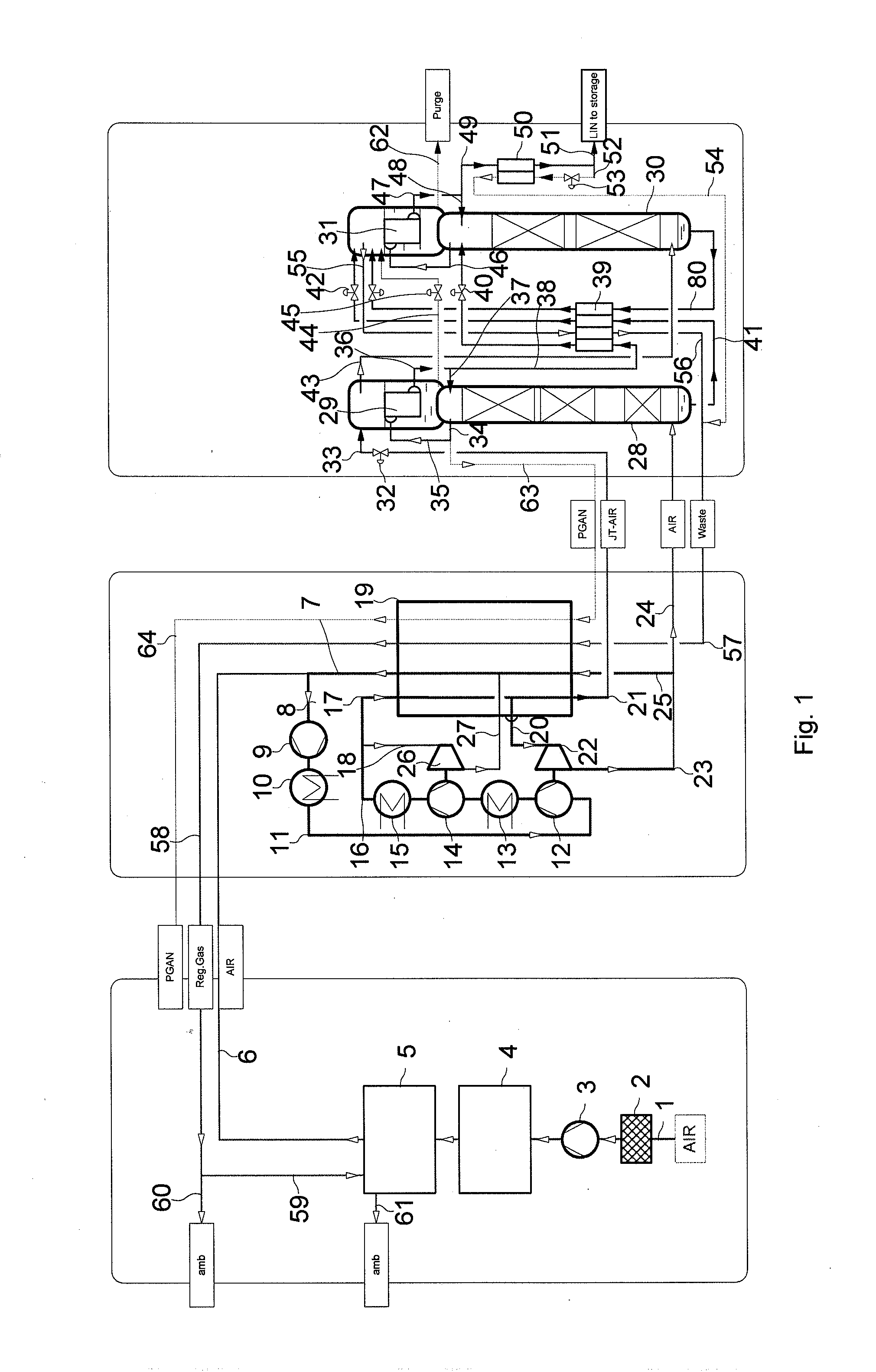Process and Device for Obtaining Liquid Nitrogen by Low Temperature Air Fractionation