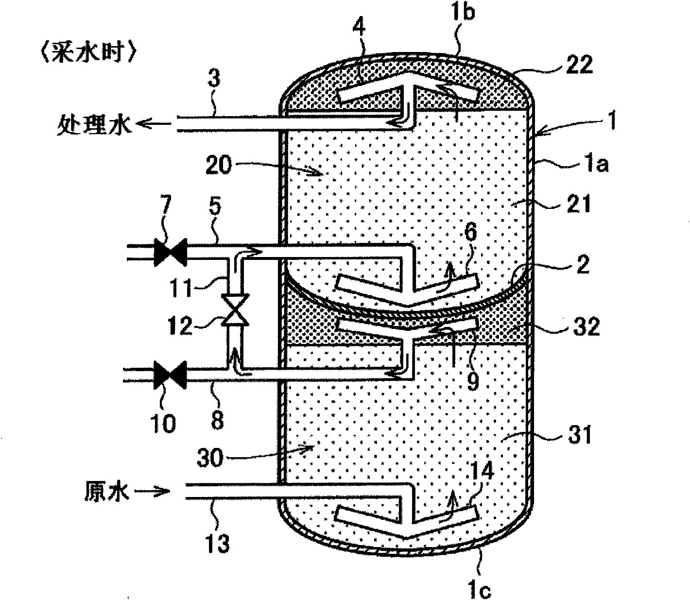 Ion-exchange device, column therefor, and water treatment device