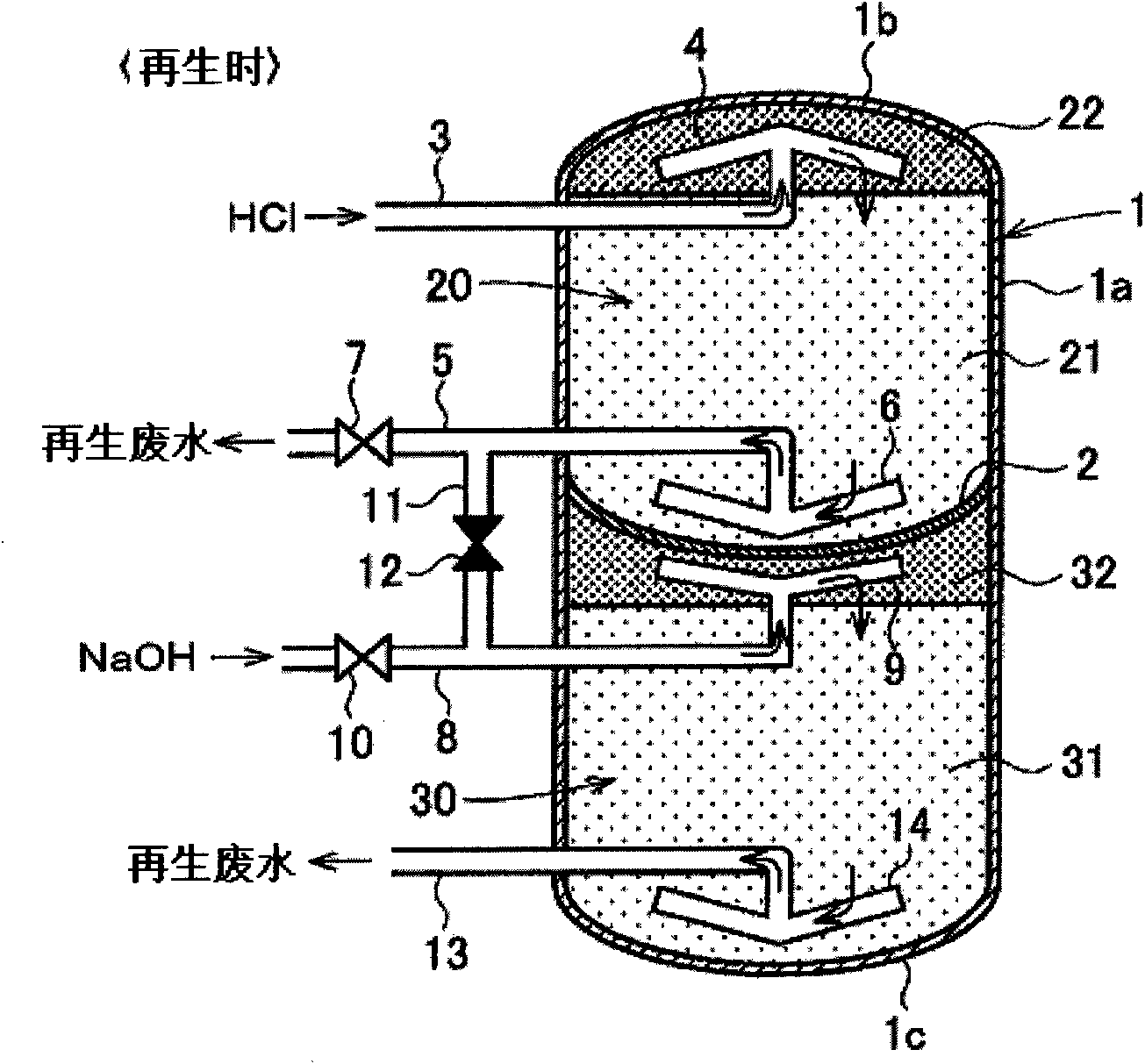 Ion-exchange device, column therefor, and water treatment device