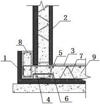 Connecting node for superposed sandwich wall side wall and prefabricated base plate