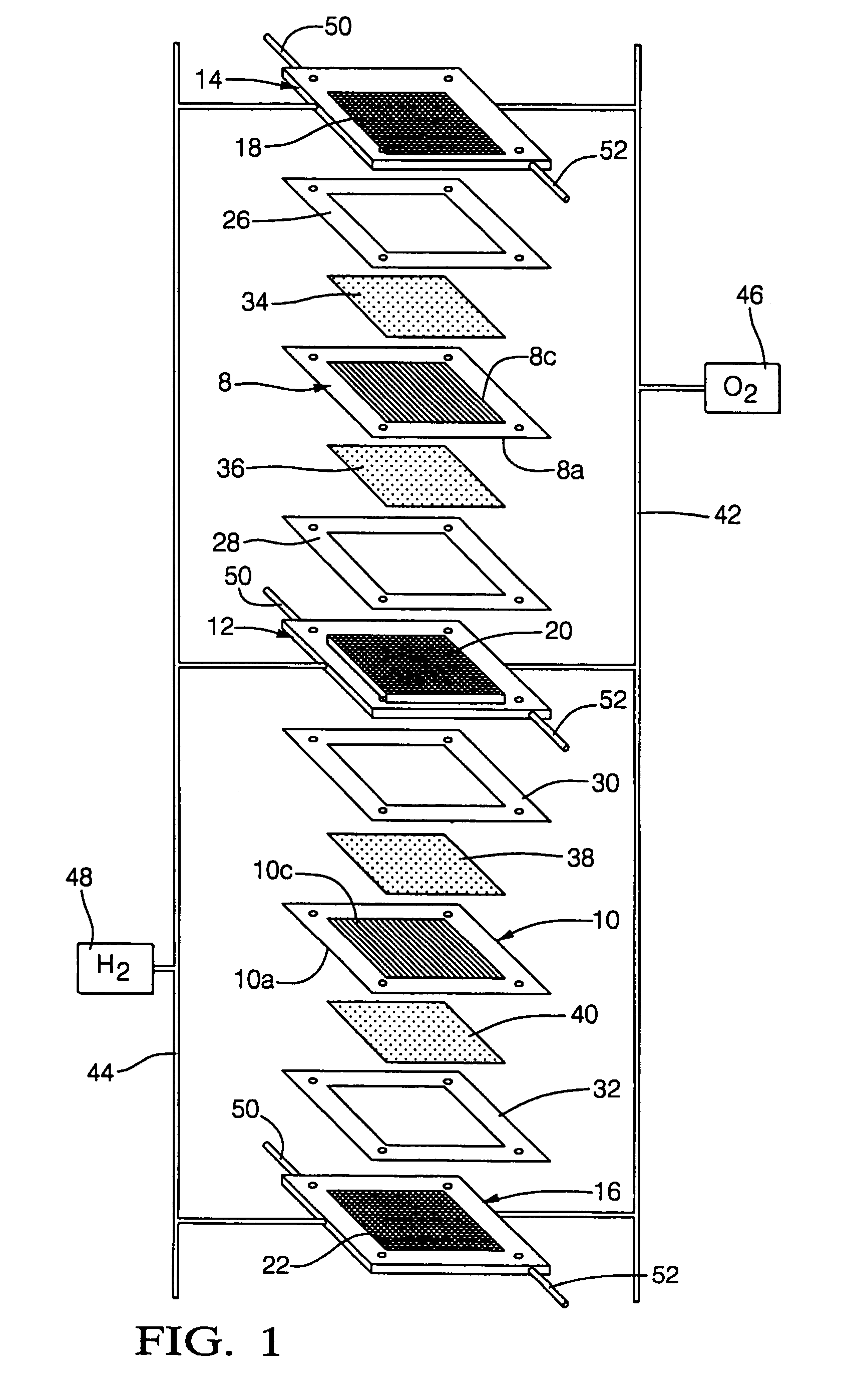 Nested bipolar plate for fuel cell and method