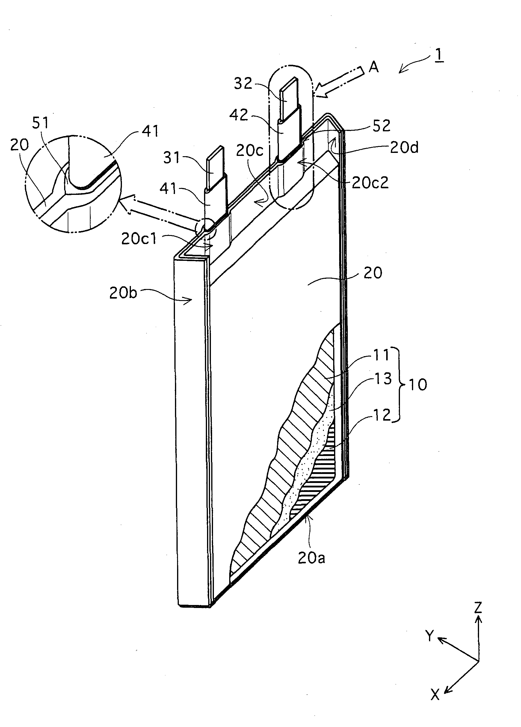 Laminate-cased battery formed with tab resin adhered to portions of tabs extended from laminate casing