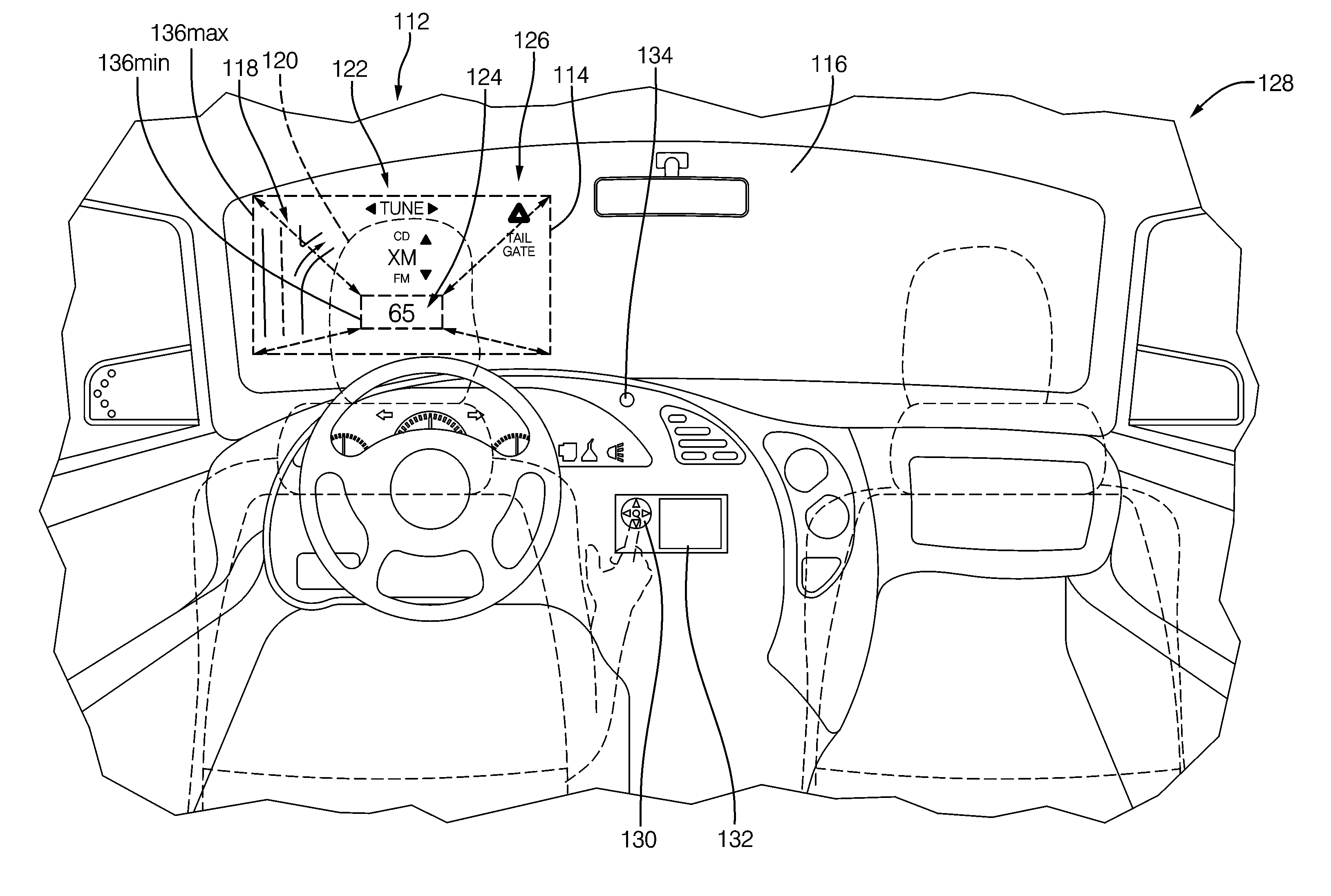 Head-up display system with dynamic image field and brightness control