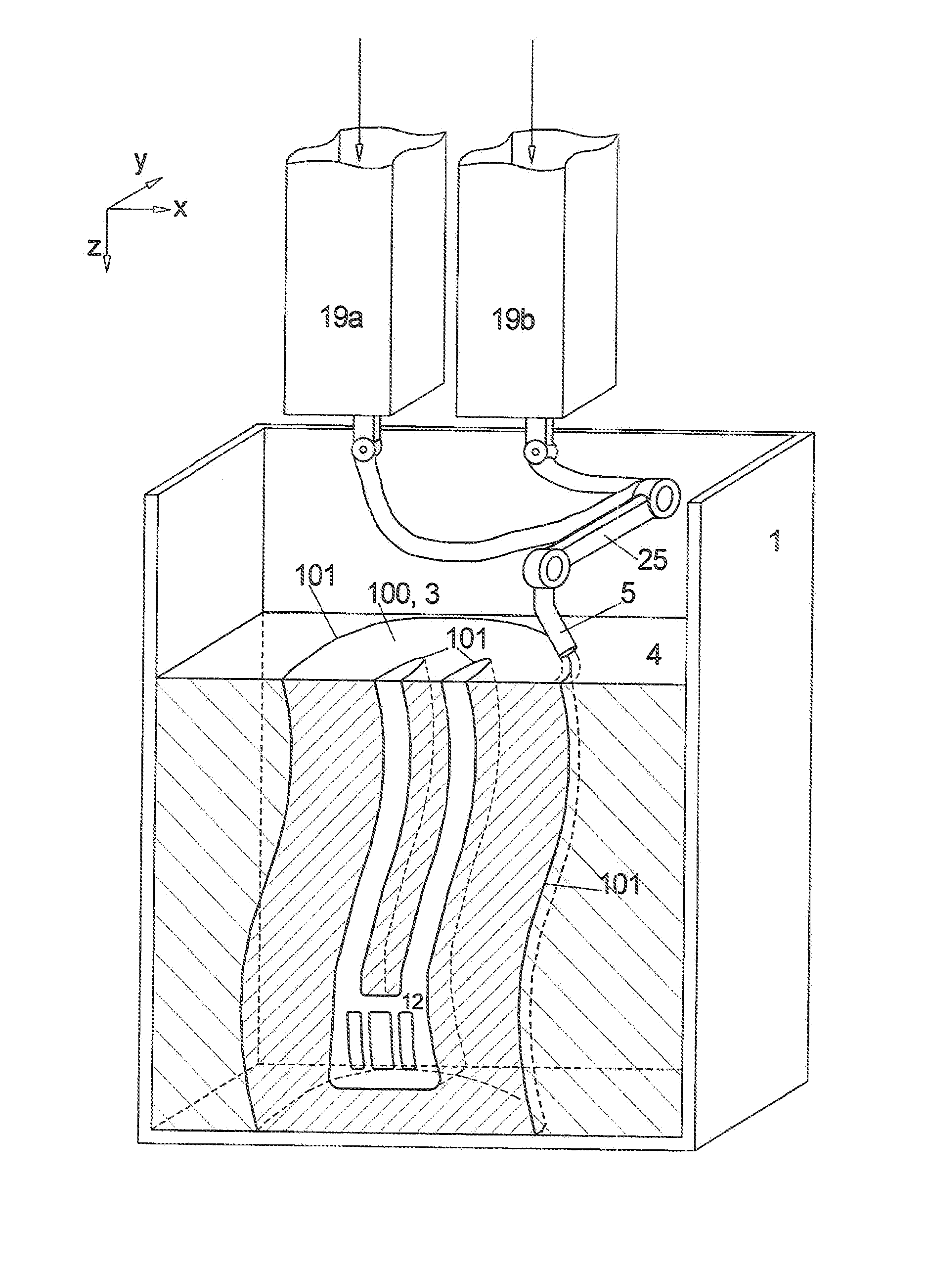 Method and device for layered buildup of a shaped element