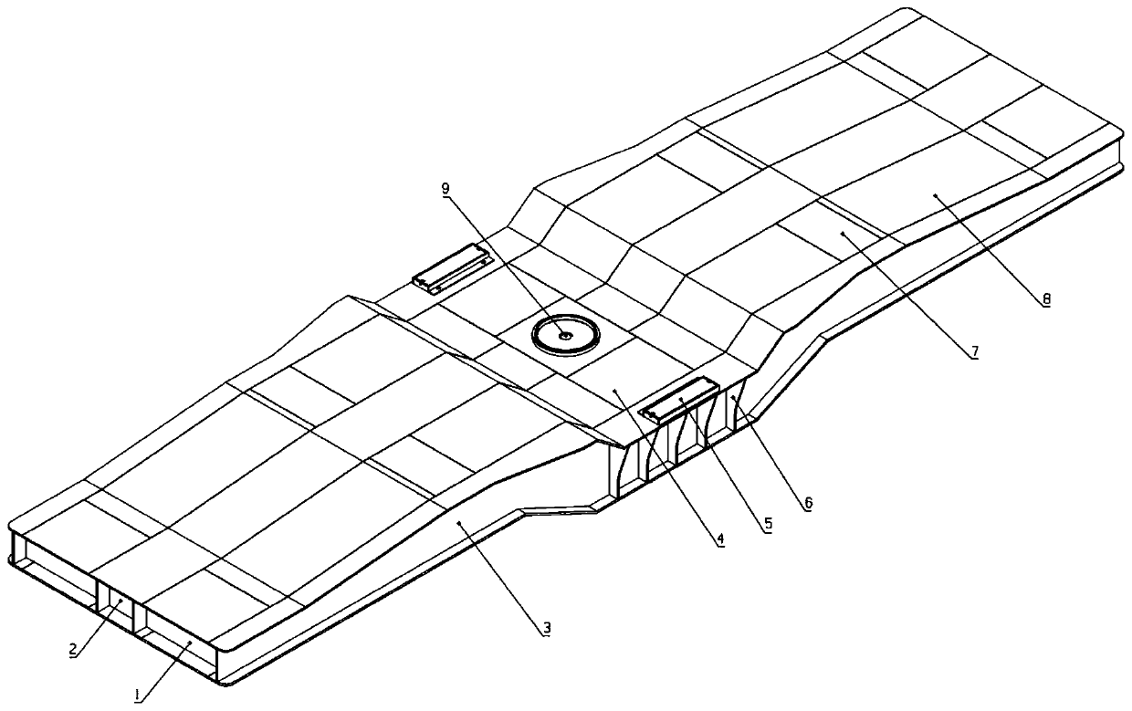 Bearing large underframe of wagon for transporting U-shaped or box type prefabricated beams