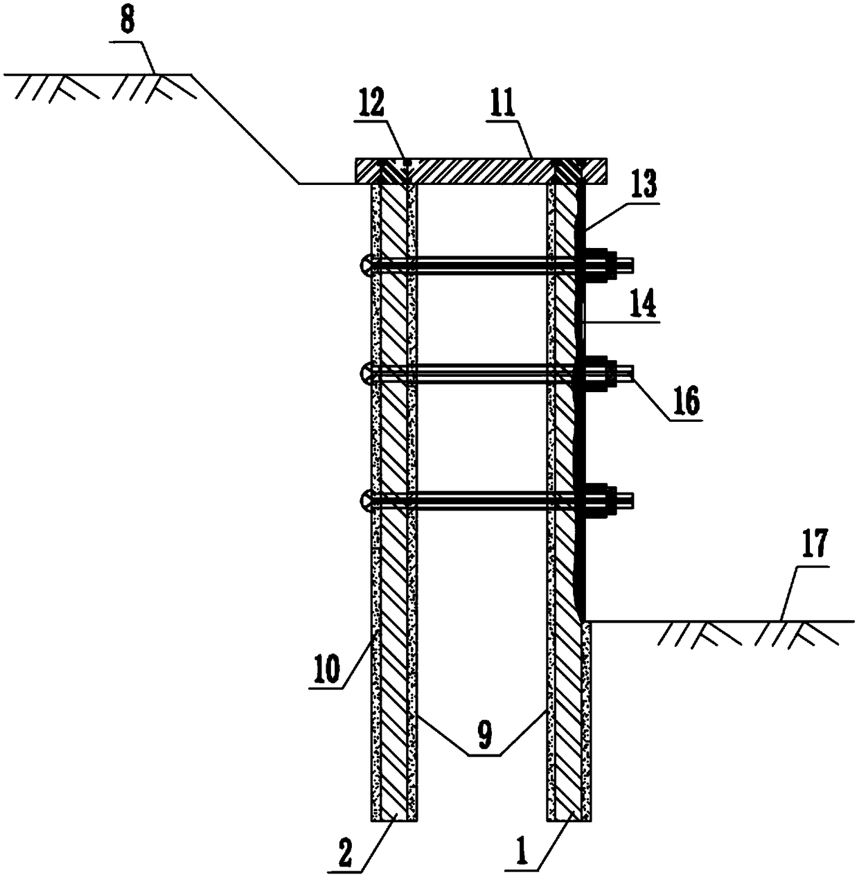 Design and construction method for flexible composite lattice type recyclable double-row pile supporting structure