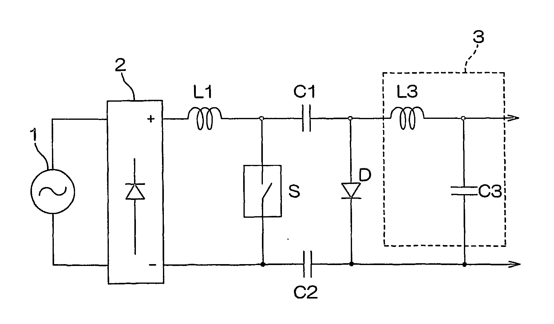 Cuk converter with inductors and capacitors on both power lines