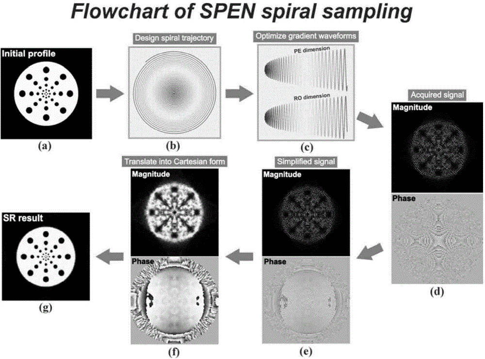 SPEN single-scanning magnetic resonance imaging spiral sampling and reconstructing method