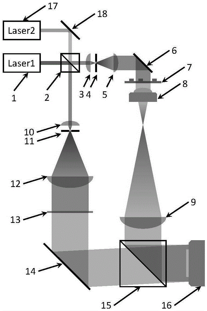 Transmission-type microscopic imaging device and method based on double-wavelength digital holographic technology