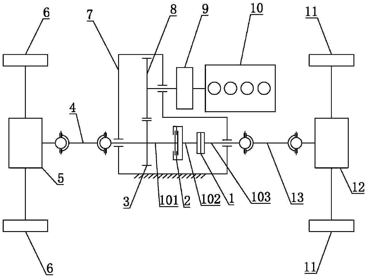 Central slip-limiting differential device, driving system comprising same, and application