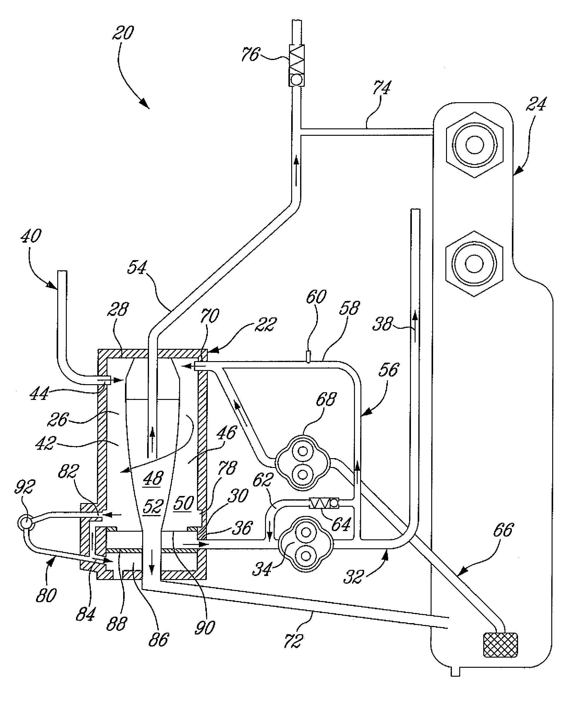 Lubrication system and method, and vortex flow separator for use therewith