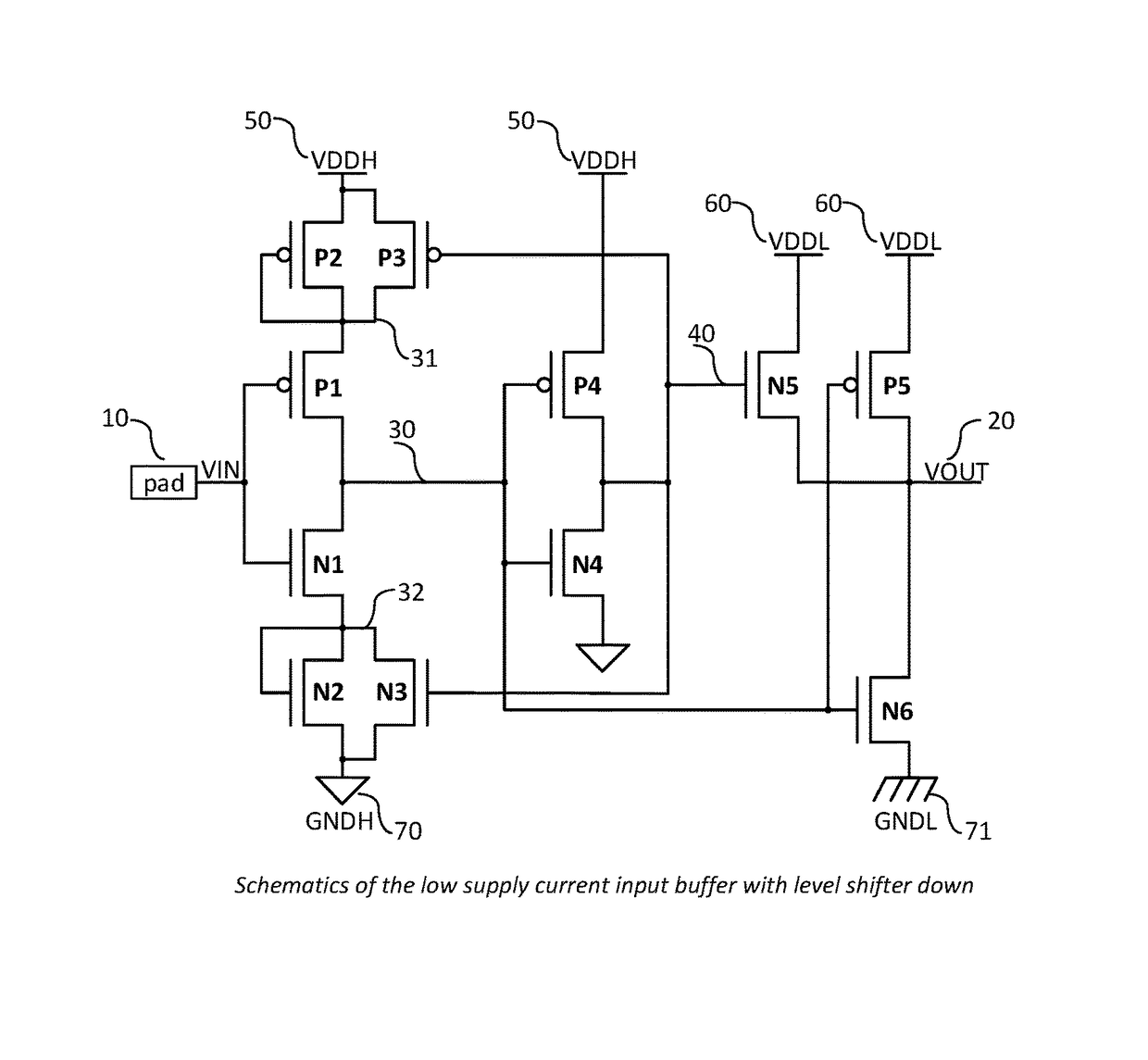 CMOS input buffer with low supply current and voltage down shifting