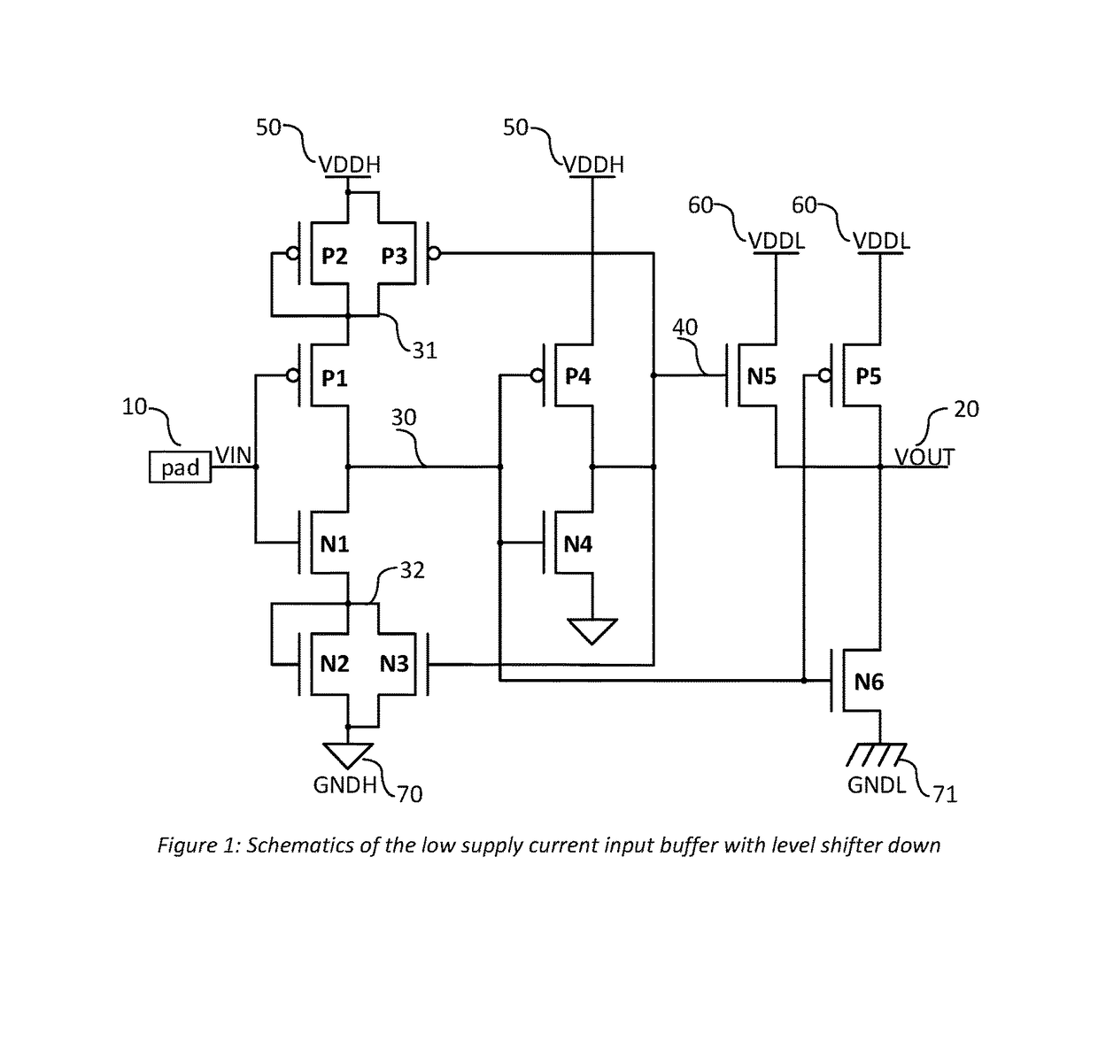 CMOS input buffer with low supply current and voltage down shifting
