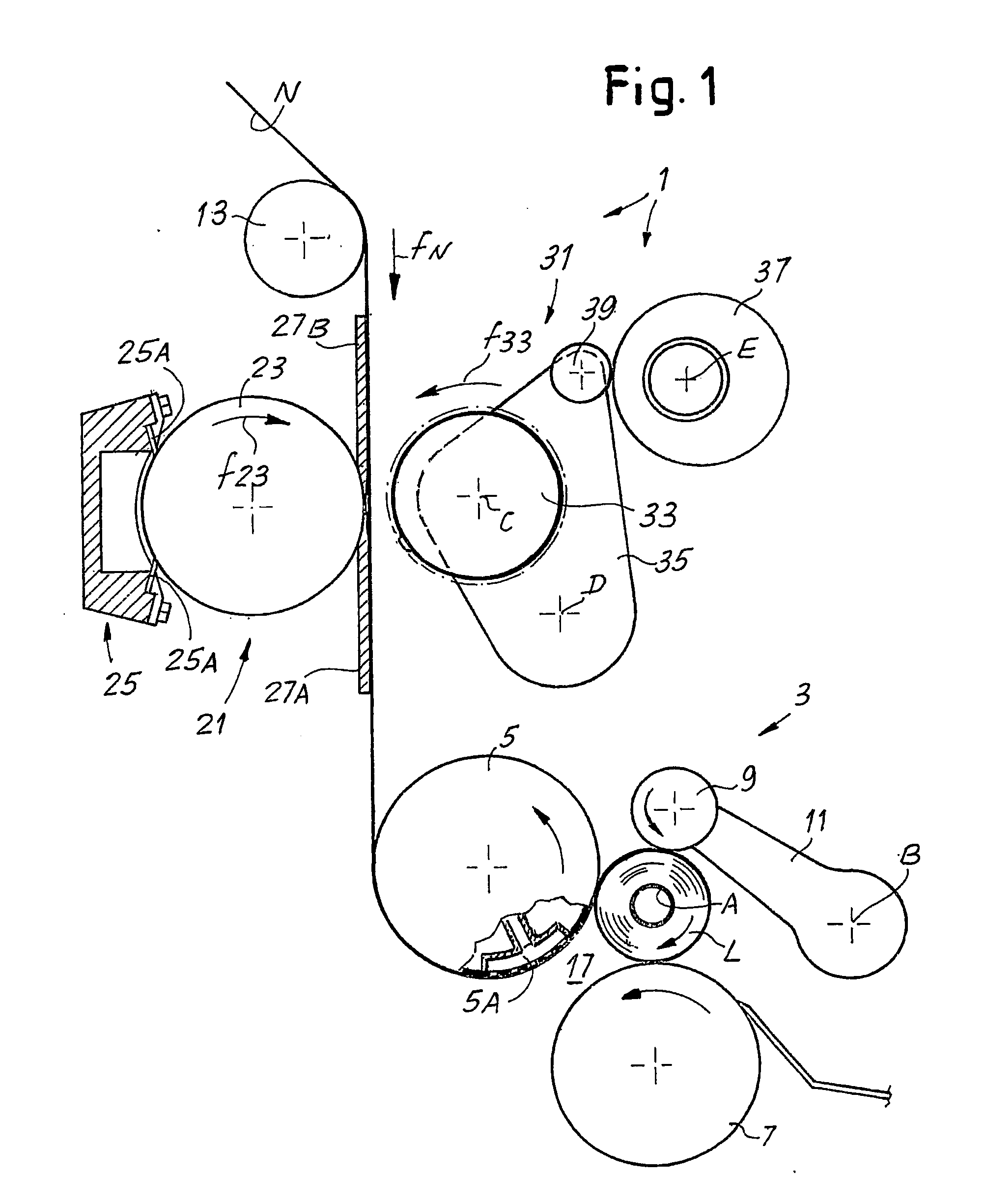 Method and device for gluing the free edge of a log of web material in a rewinding machine