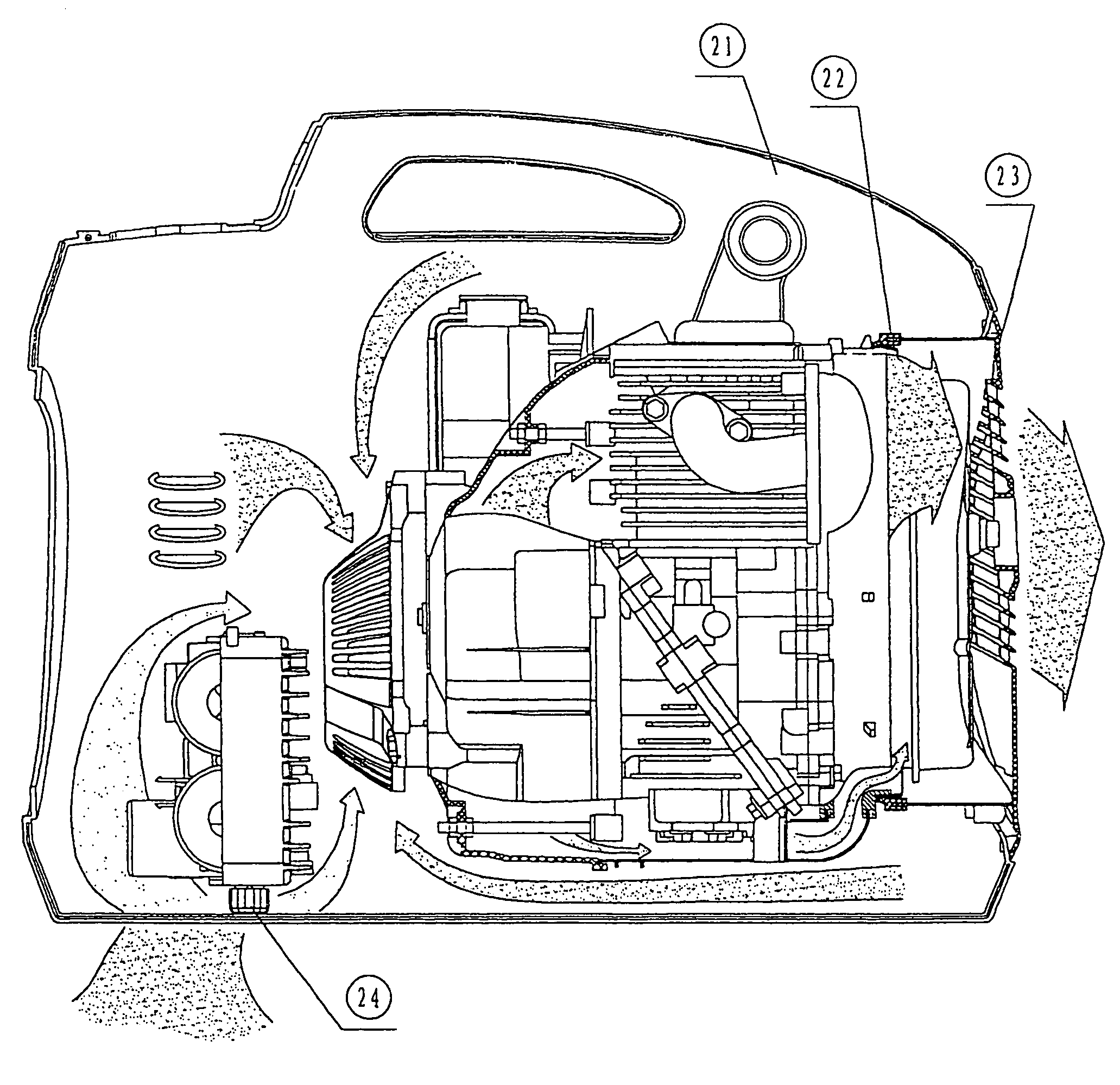 Cooling system of an engine for the inside of a generator
