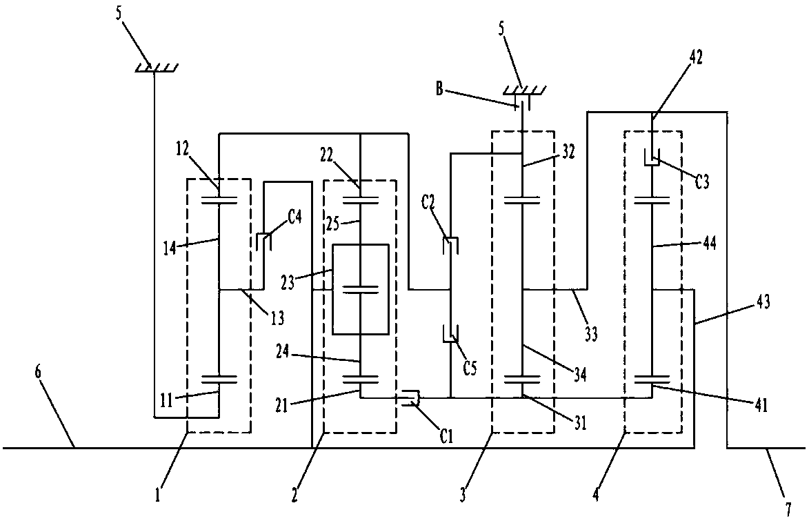 Four-planetary-gear-set automatic transmission and vehicle