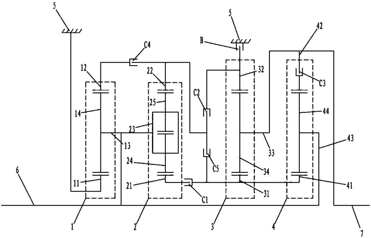 Four-planetary-gear-set automatic transmission and vehicle