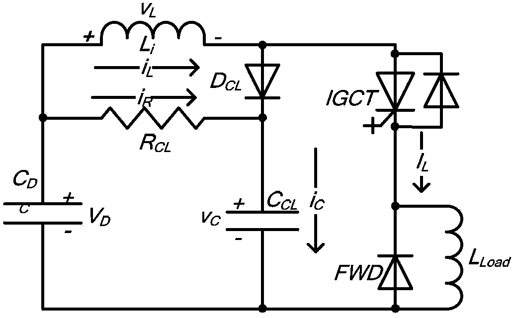 Direct current side circuit of IGCT (integrated gate commutated thyristor) converter/test circuit and method for designing parameters of clamp capacitor and clamp resistor of direct current side circuit