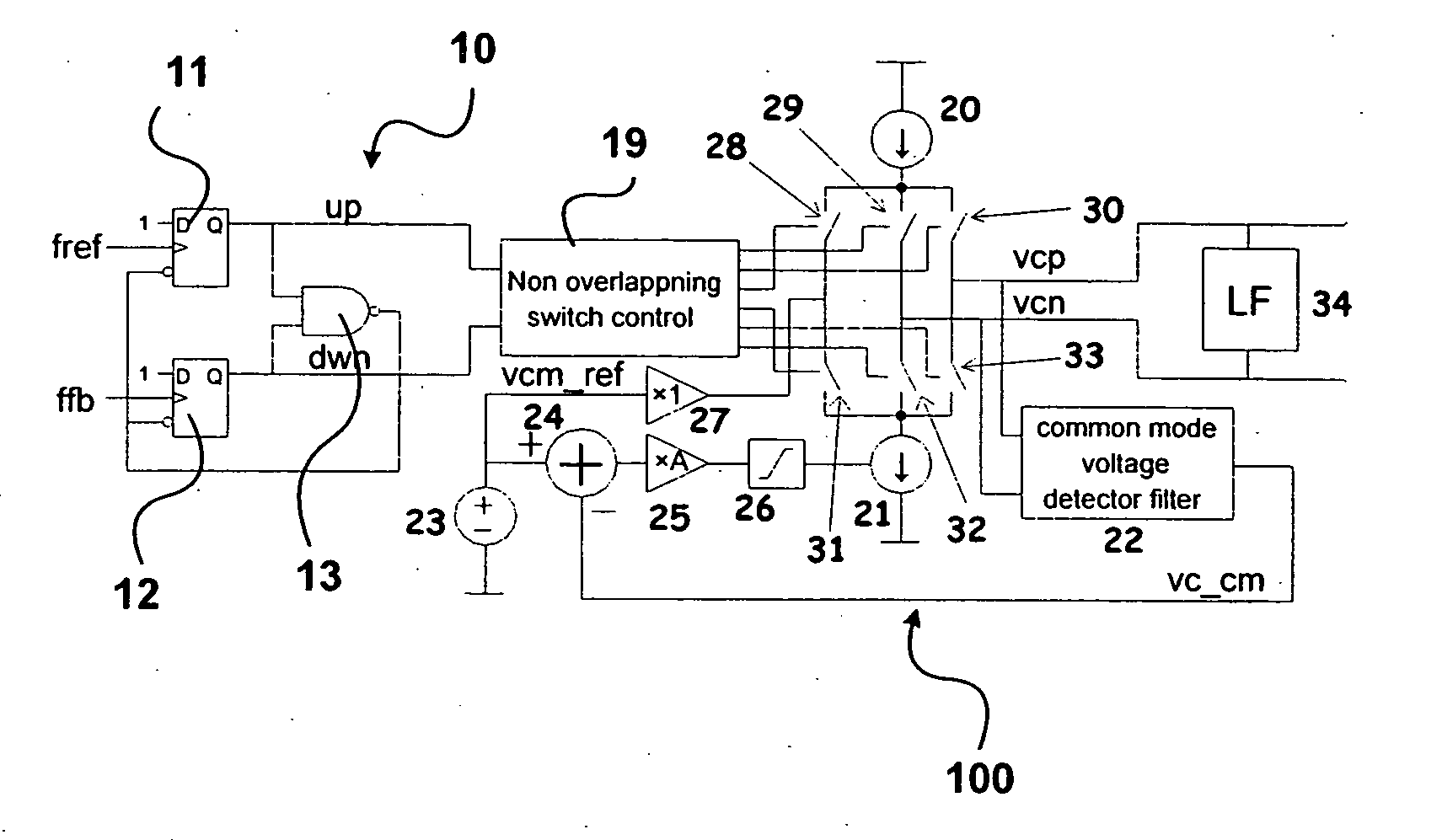 PLL phase/frequency detector with fully differential output charge pump