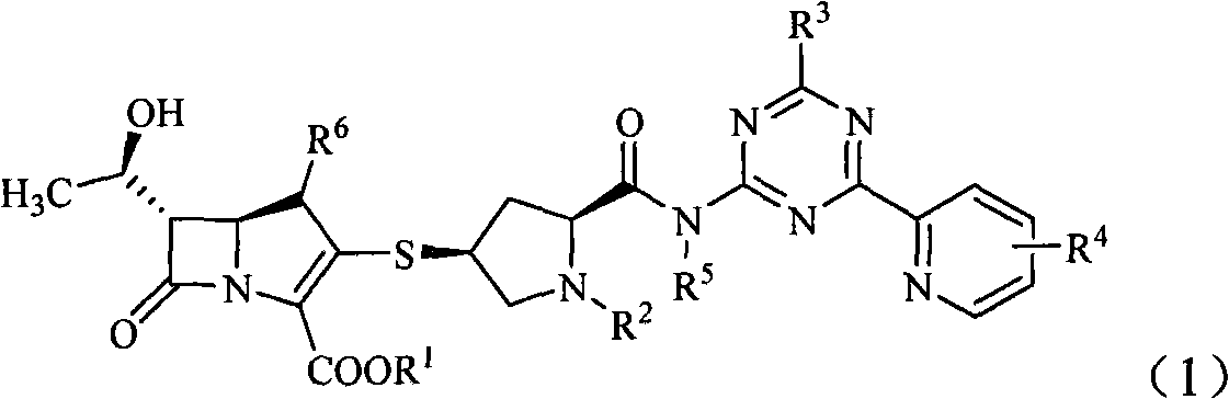 Penem derivative containing sulfhydryl pyrrolidine formamido triazine
