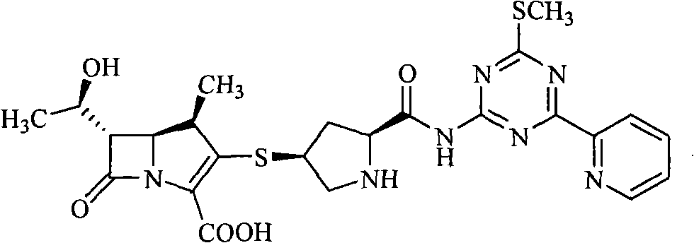 Penem derivative containing sulfhydryl pyrrolidine formamido triazine