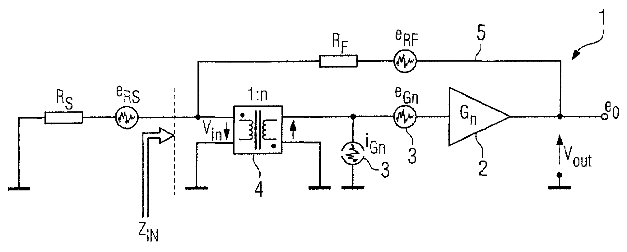 Amplifier device including an operational amplifier, transformer and feedback loop